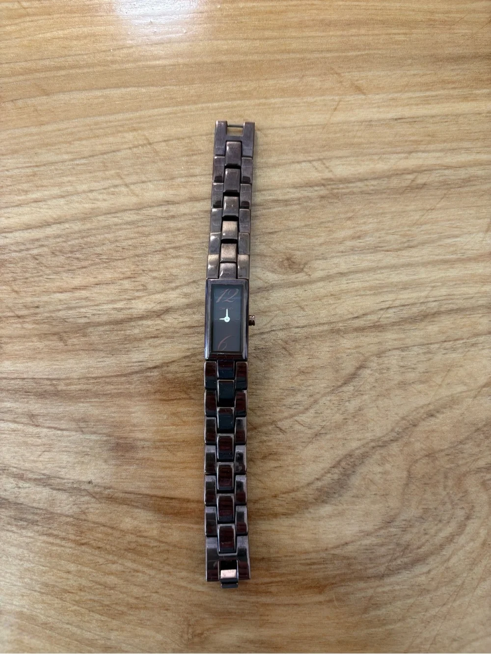 DKNY Brown Metal Link Bracelet Watch with Black Rectangular Dial